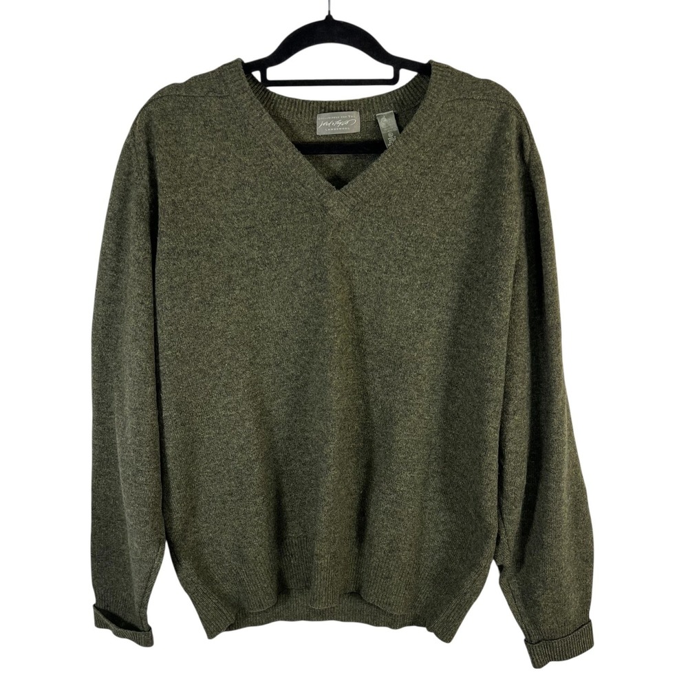 Lord & Taylor Mens Lambswool‎ V-Neck Sweater Olive Green Heather XL Preppy knit